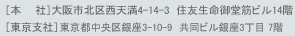 ［本　　社］大阪市北区西天満4-14-3　住友生命御堂筋ビル14階　［東京支社］東京都中央区銀座8-14-14　銀座昭和通りビル2階